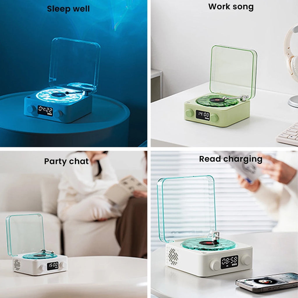 Retro Vinyl Record Player Shaped White Noise Bluetooth Speaker Sleep Aid Turntable Speaker with Dynamic Water Ripple RGB Light