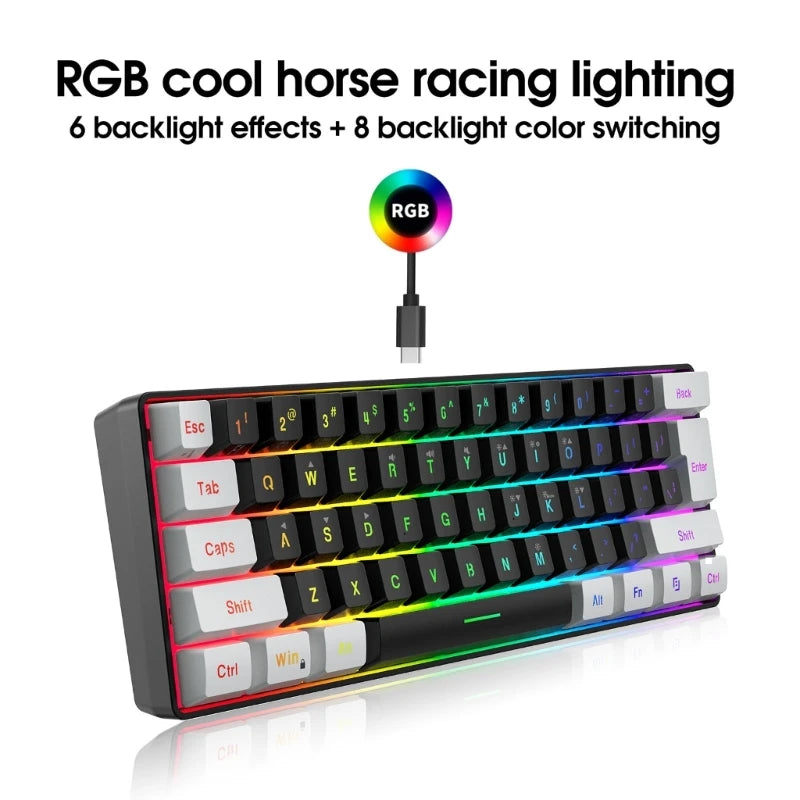 Ultra-Compact Game Keyboard Backlit Keyboard Floating Keycaps 61 Keys Adjustable Backlight Brightness Keypad