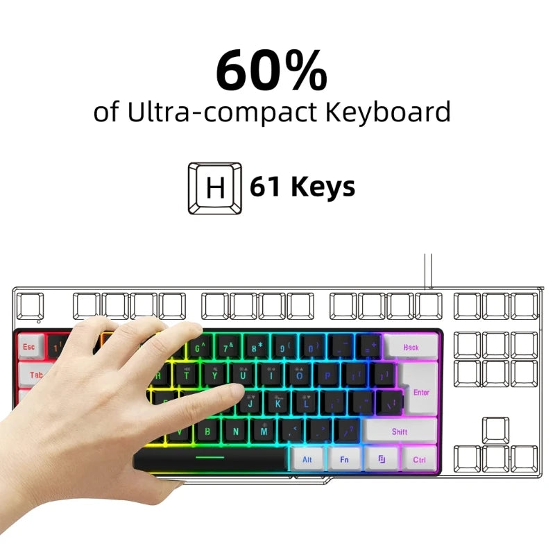 Ultra-Compact Game Keyboard Backlit Keyboard Floating Keycaps 61 Keys Adjustable Backlight Brightness Keypad