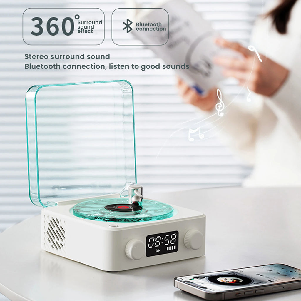 Retro Vinyl Record Player Shaped White Noise Bluetooth Speaker Sleep Aid Turntable Speaker with Dynamic Water Ripple RGB Light