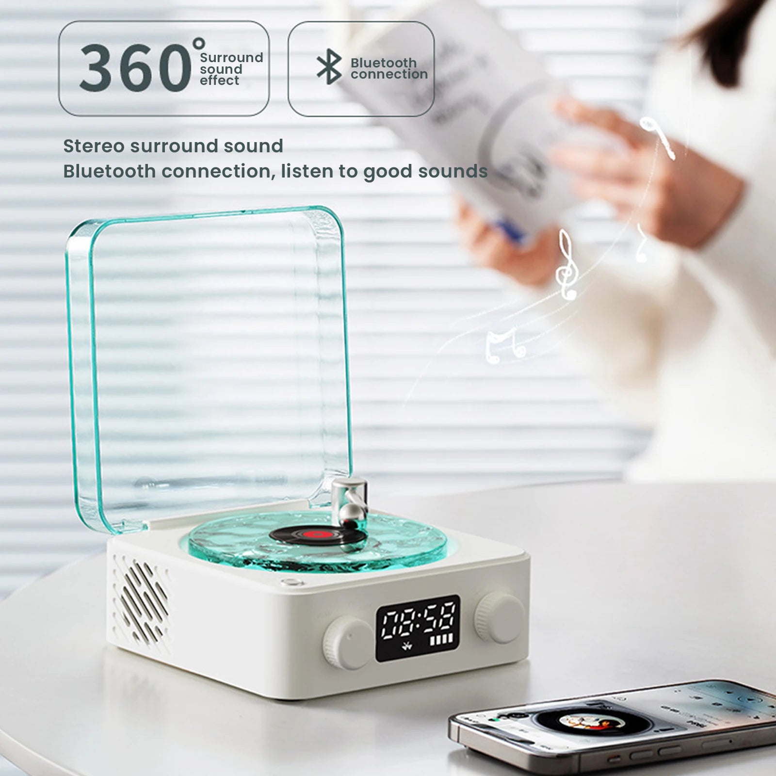 Retro Vinyl Record Player Shaped White Noise Bluetooth Speaker Sleep Aid Turntable Speaker with Dynamic Water Ripple RGB Light