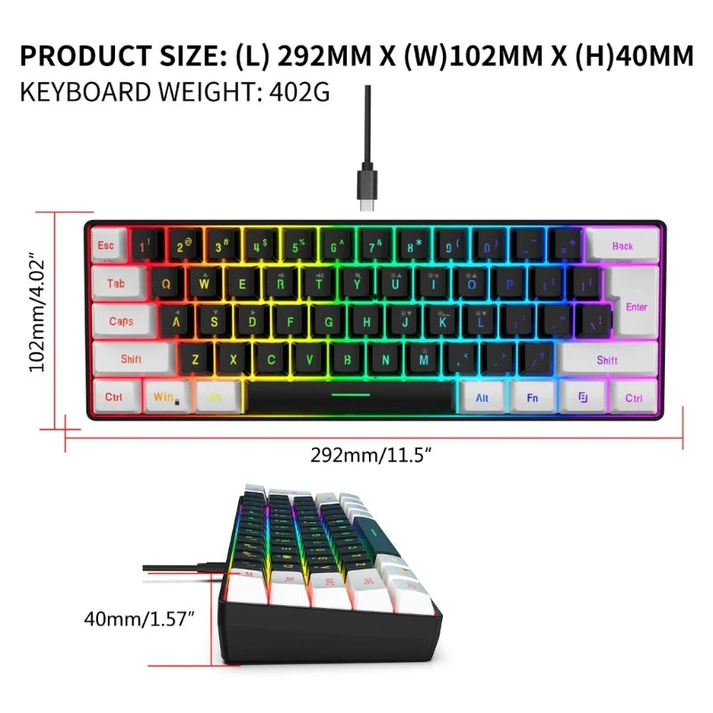 Ultra-Compact Game Keyboard Backlit Keyboard Floating Keycaps 61 Keys Adjustable Backlight Brightness Keypad