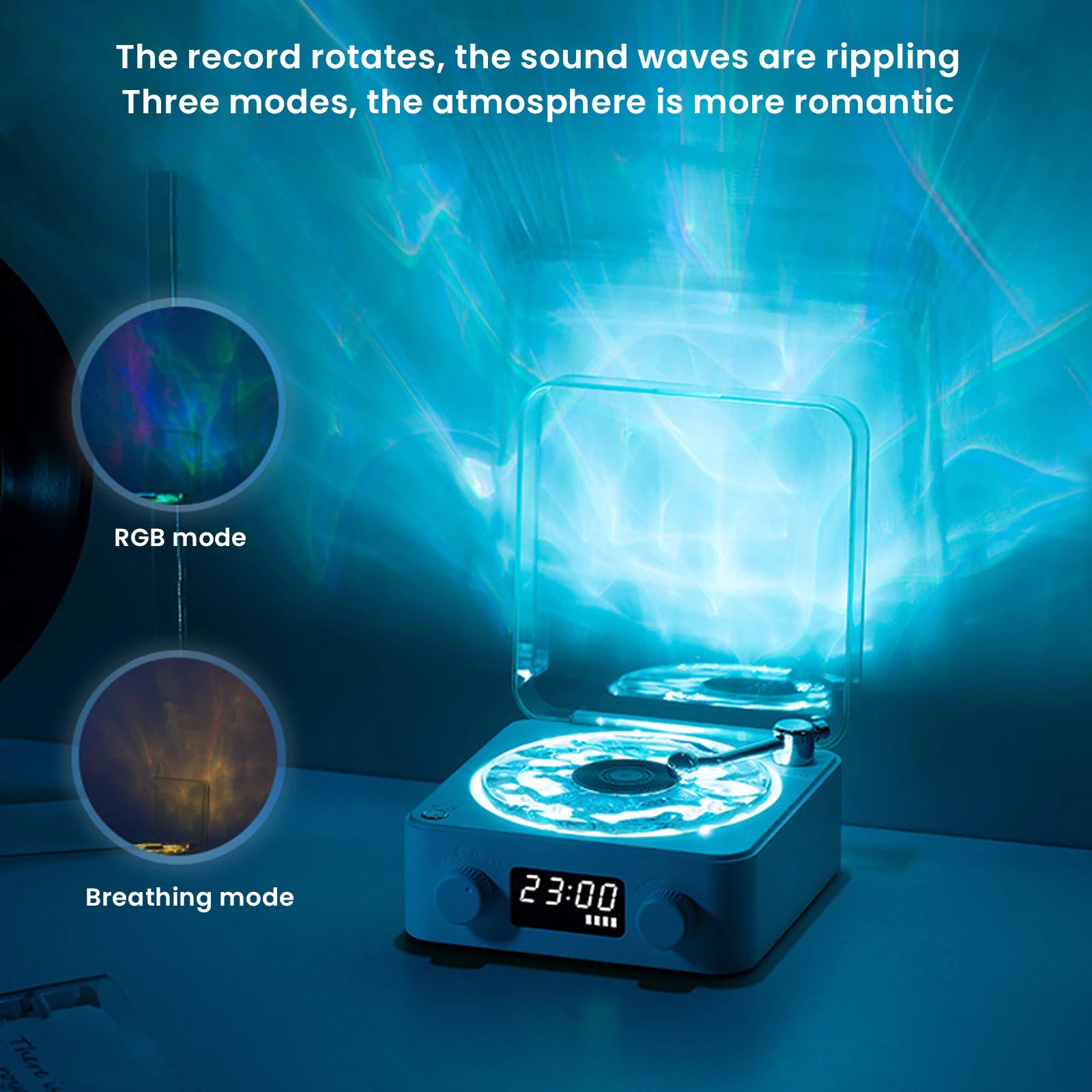 Retro Vinyl Record Player Shaped White Noise Bluetooth Speaker Sleep Aid Turntable Speaker with Dynamic Water Ripple RGB Light